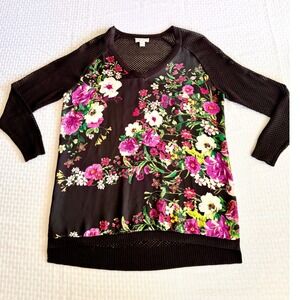 Bisou Bisou Michele Bohbot Floral Mesh Top Black Pink V-Neck‎ Blouse Medium
